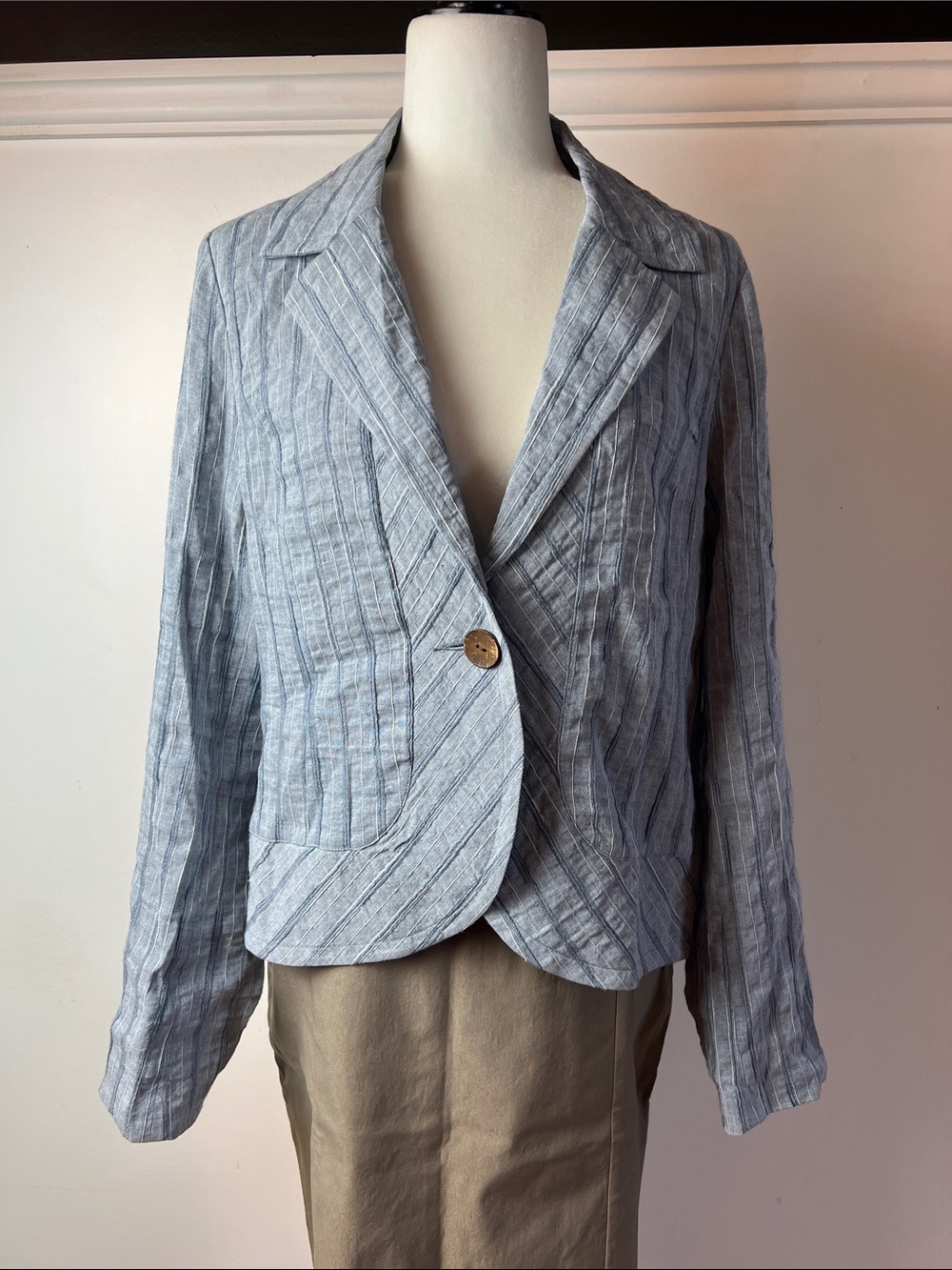 Light Blue Striped Women's Linen Blend Blazer Jacket